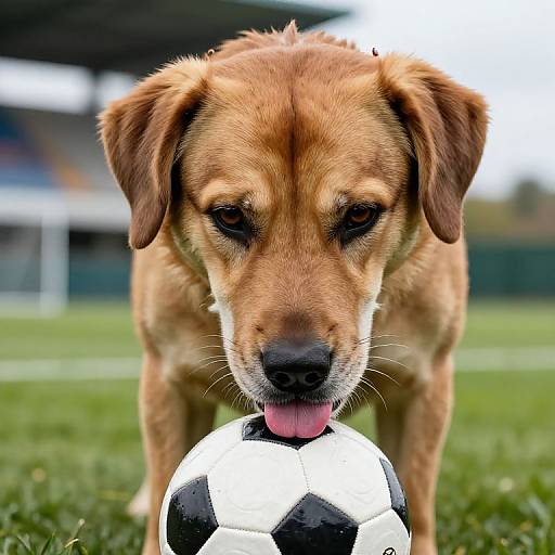 Photograph of a brown, medium-sized dog with floppy ears licking a black-and-white soccer ball on a green grass field.