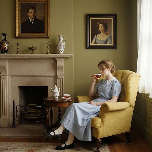 Photograph of a woman in a light blue dress and black shoes, sipping tea in a yellow armchair, in an elegant room with green walls
