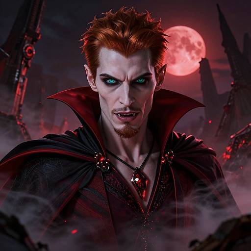 Digital artwork of a fierce, pale-skinned vampire with red hair, glowing blue eyes, and a black cape, standing before a red full moon and