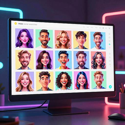 Photograph of a computer monitor displaying a grid of 12 colorful, smiling face portraits with diverse ethnicities, set against a neon-lit background.
