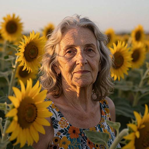 Photograph of an elderly white woman with gray curly hair, wearing a floral dress, standing amidst a sunlit sunflower field.