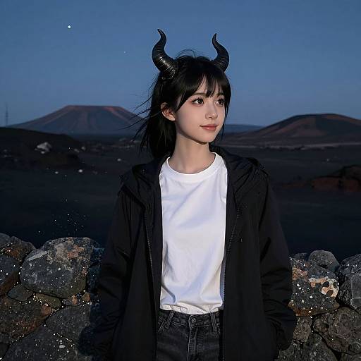 Photograph of an Asian woman with black horns, wearing a white shirt and black jacket, standing in a rocky desert landscape at twilight.