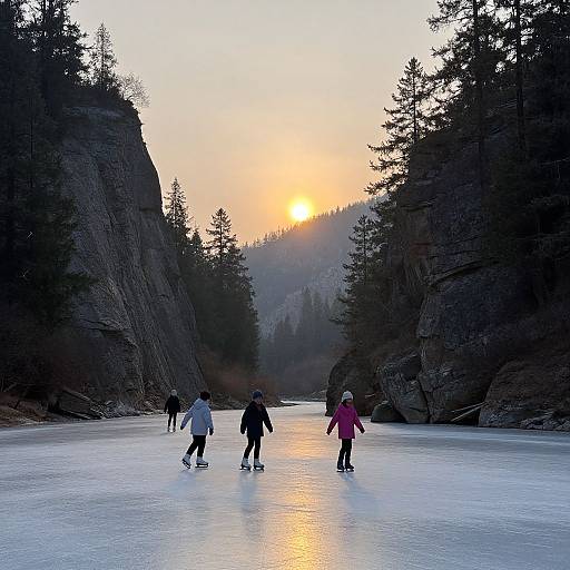 Photograph of five children ice skating on a frozen river at sunset, surrounded by tall pine trees and rocky cliffs.
