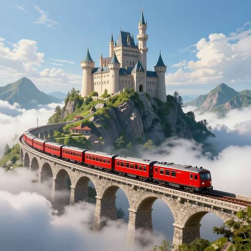 Photorealistic CGI of a red train crossing a stone arch bridge, approaching a majestic castle with towers, surrounded by misty mountains and clouds on a