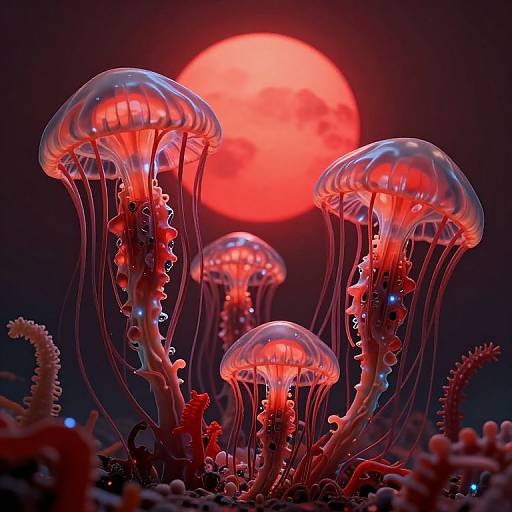 Digital artwork of glowing red jellyfish with translucent domes, illuminated by a large red moon, surrounded by dark ocean floor adorned with bioluminescent