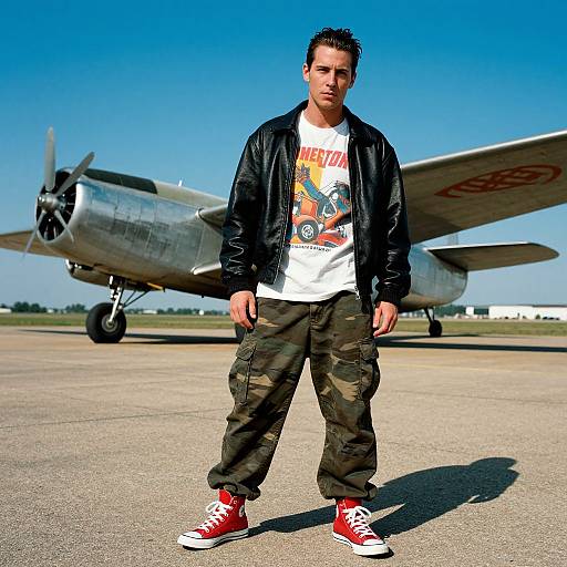 Photograph of a young man in a black leather jacket, white graphic tee, camo pants, and red sneakers, standing in front of a silver
