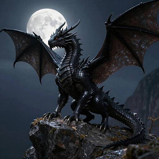 Black Dragon Perched on Cliff at Moonlight