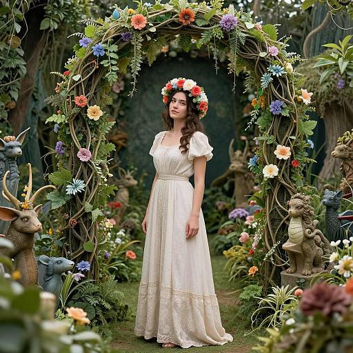 Photograph of a fair-skinned woman with long brown hair, wearing a white lace dress and flower crown, standing in a whimsical garden archway