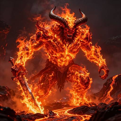 Digital artwork of a demonic, flaming figure with large horns, gripping a sword, standing amidst intense orange and red flames. Dark, smoky background.