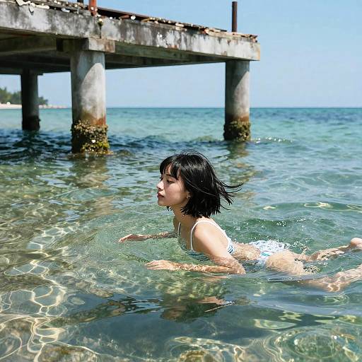 Asian woman with short black hair in white bikini, floating in clear turquoise water under a weathered pier on a sunny day.