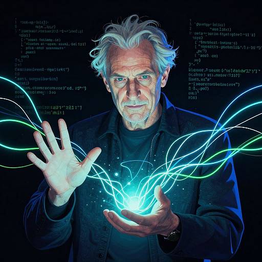 Photograph of an older white man with white hair and beard, wearing a black jacket, conjuring glowing blue energy between his hands against a dark,