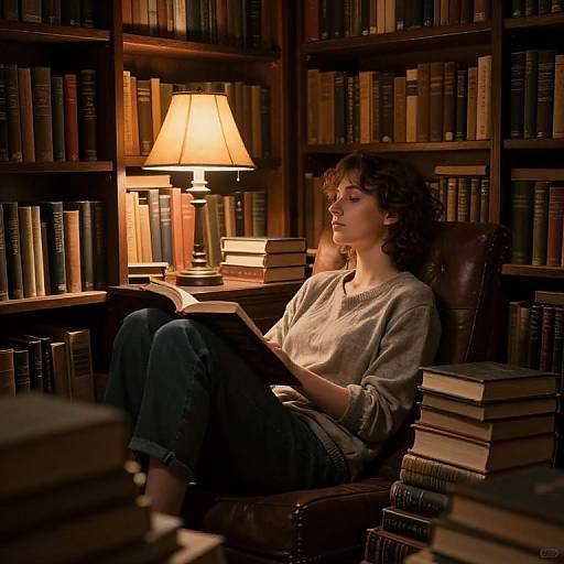 Photograph of a curly-haired woman in a gray sweater reading a book in a dimly lit, wooden bookshelf library, illuminated by a warm,