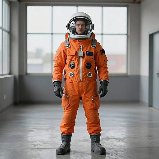 Man in Orange Astronaut Suit Standing Indoors