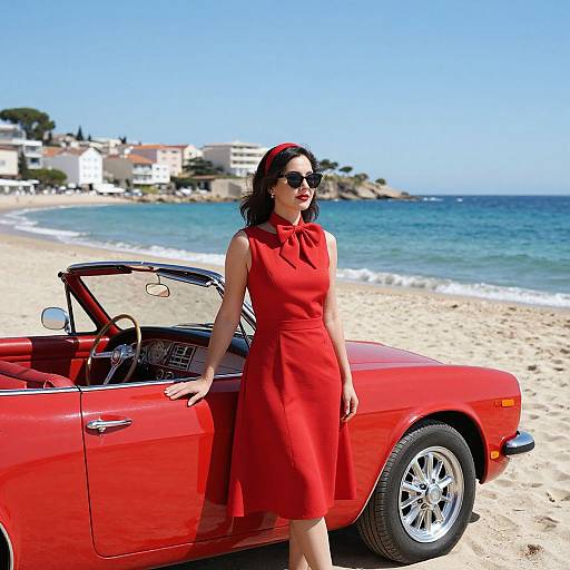 Photograph of a stylish woman in a red dress and headband, standing beside a red convertible on a sunny beach. Background includes clear blue ocean and