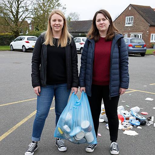 Photograph: Two women with light skin, wearing black jackets and jeans, standing in a parking lot with litter, holding plastic bags of trash. Background