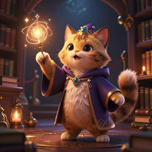Cute, chubby orange tabby kitten in a magical blue wizard robe and crown, holding a glowing orb, standing in a dimly lit, enchanted