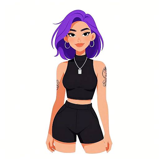 Digital illustration of a confident woman with purple hair, wearing a black sleeveless crop top and high-waisted shorts, with hoop earrings and tattoos on