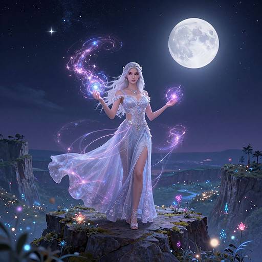 Digital fantasy artwork of a glowing, ethereal woman in a flowing, transparent dress, standing on a rocky cliff, surrounded by magical purple energy and a