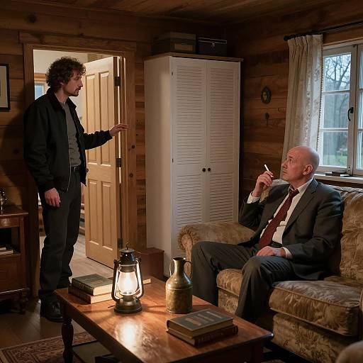 Men in a Dimly Lit Cabin Scene