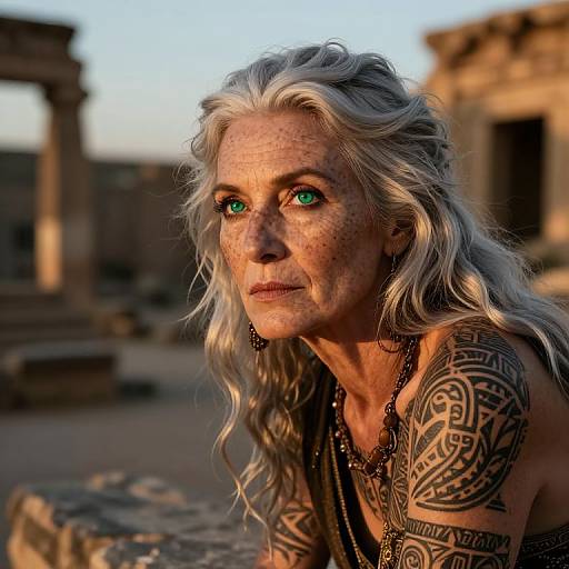 Photograph of an older woman with long, wavy, silver hair and green eyes, wearing intricate black tattoos, against an ancient ruins background at sunset