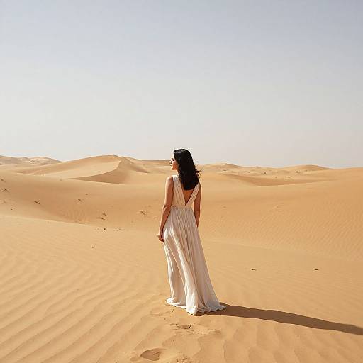 Photograph of a woman with long black hair in a white, flowing, sleeveless gown standing in a sunlit, sandy desert.
