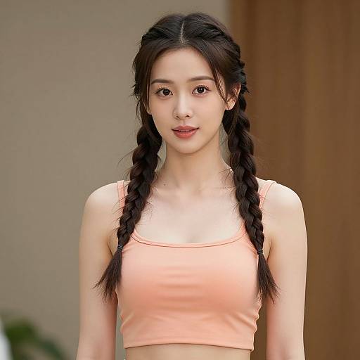 Photograph of an Asian woman with long black braids, wearing a peach crop top, standing against a blurred brown and beige background.