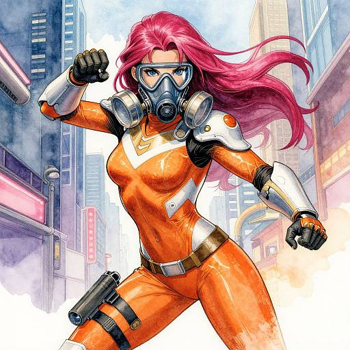Digital anime-style drawing of a fierce, pink-haired woman in an orange bodysuit, gas mask, armored shoulders, and black gloves, running in