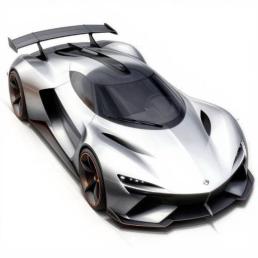 Digital illustration of a sleek, high-performance, silver and black sports car with a large rear spoiler and orange-tinted rims.