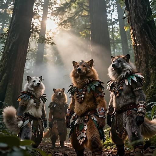 Photograph of four anthropomorphic wolves in a forest, wearing tribal armor and feathered accessories, with sunlight filtering through tall trees.