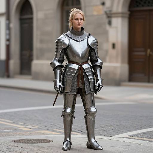 Photograph of a blonde woman in shiny medieval silver armor standing confidently on a cobblestone street, urban background, daytime.