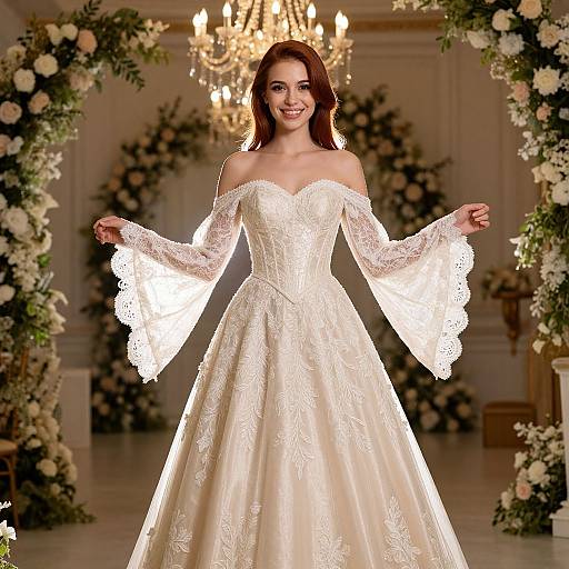 Photograph of a smiling brunette bride in an off-shoulder, ivory lace wedding gown with long sleeves, standing in a luxurious, chandelier-l