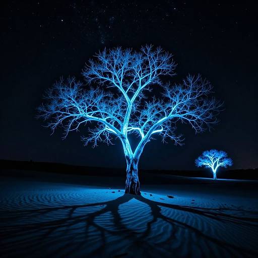 Photograph of a glowing, blue-lit, leafless tree in a dark, starry night with another smaller, similarly lit tree in the background