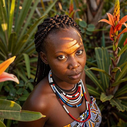 Photograph of a dark-skinned African woman with braided hair, wearing colorful beaded necklaces, surrounded by orange lilies and green foliage.