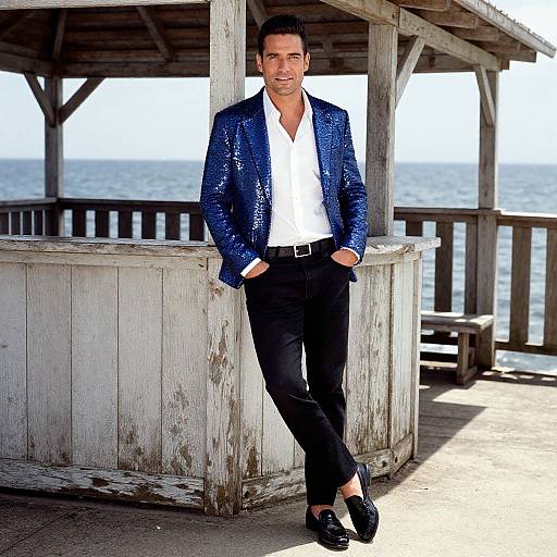 Photograph of a handsome man with short dark hair, wearing a sparkly blue blazer, white shirt, black pants, and black shoes, leaning