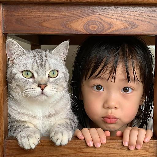 Child and Gray Tabby Cat Peeking Through Wooden Slat