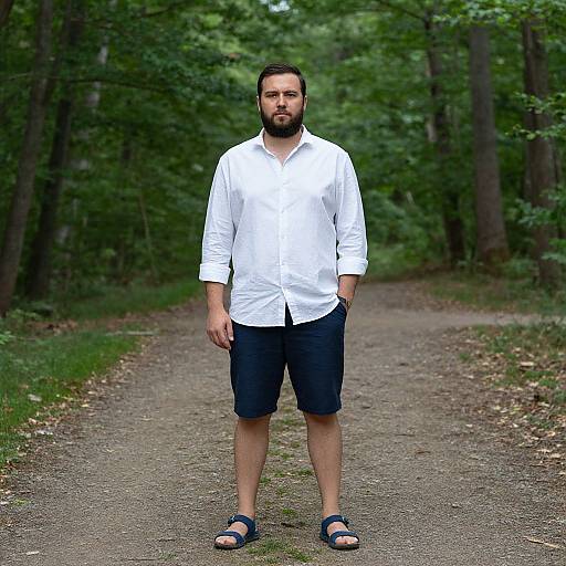 Photograph of a bearded man with dark hair, wearing a white button-up shirt, black shorts, and blue sandals, standing on a forest path