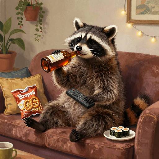 Anthropomorphic Raccoon Relaxing with Drinks and Snacks