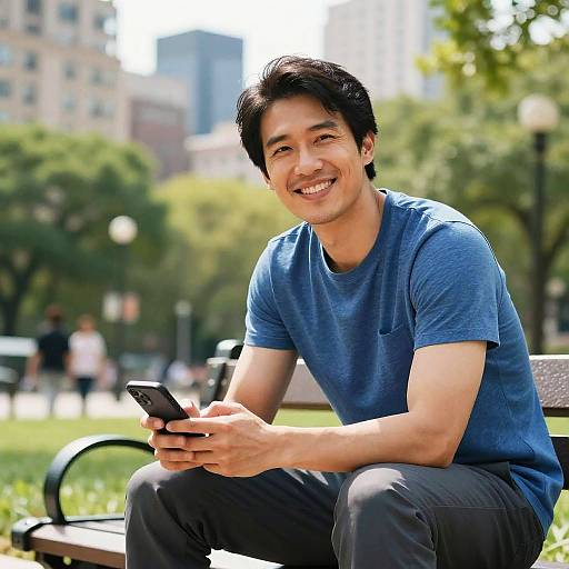 Photograph of a smiling Asian man with short black hair, wearing a blue t-shirt and black pants, sitting on a park bench, texting on a