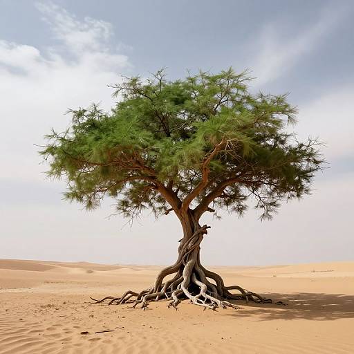 Photograph of a solitary, gnarled acacia tree with green foliage standing in a vast, sunlit desert with sandy dunes and a clear