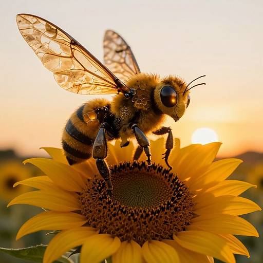 Futuristic Humanoid Bee on Sunflower