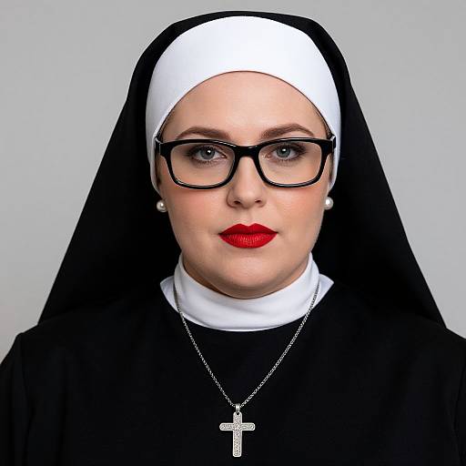 Photograph of a fair-skinned, blue-eyed woman in a black-and-white nun's habit, with black glasses, red lipstick, pearl earrings,
