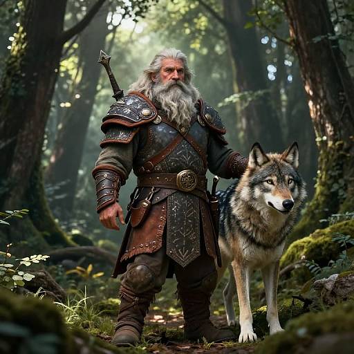 Photorealistic digital art: Bearded, armored old man with long white hair stands in a forest, hand on a loyal, gray-and-white wolf