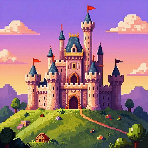 Pixel Art Medieval Castle at Sunset