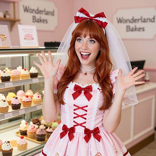Cheerful Red-Haired Woman in Cupcake-Themed Dress in Bakery