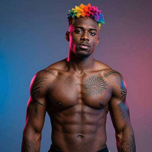 Photograph of a muscular, dark-skinned man with rainbow-colored afro, tribal tattoos on chest and arms, standing shirtless against a blue and