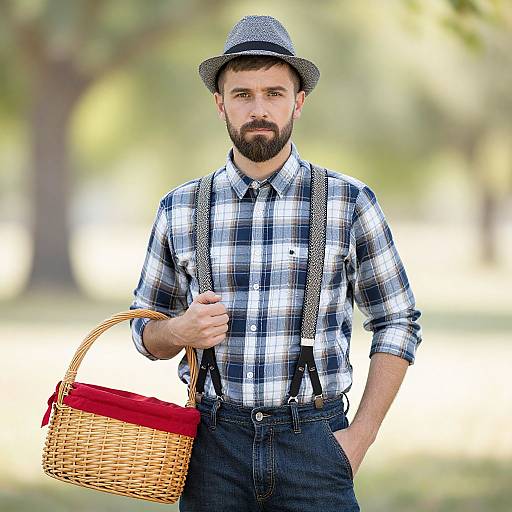 Photograph of a bearded man with a mustache, wearing a gray hat, black-and-white checkered shirt, black pants, holding a w