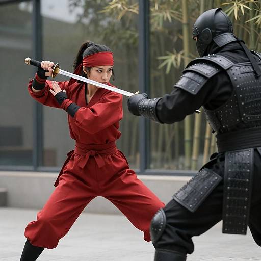 Female Ninja Fighting Male Armored Opponent