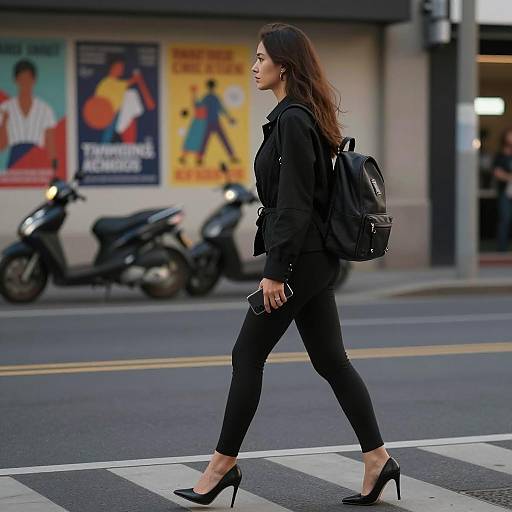 Woman walking across street at night