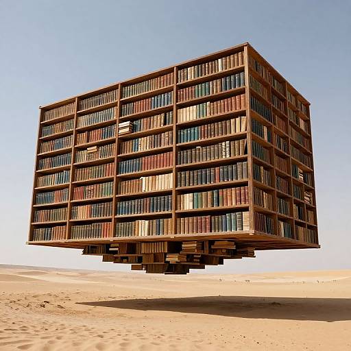 Photorealistic CGI of a floating, wooden bookshelf building, filled with colorful books, hovering above a desert sand dune under clear blue sky.