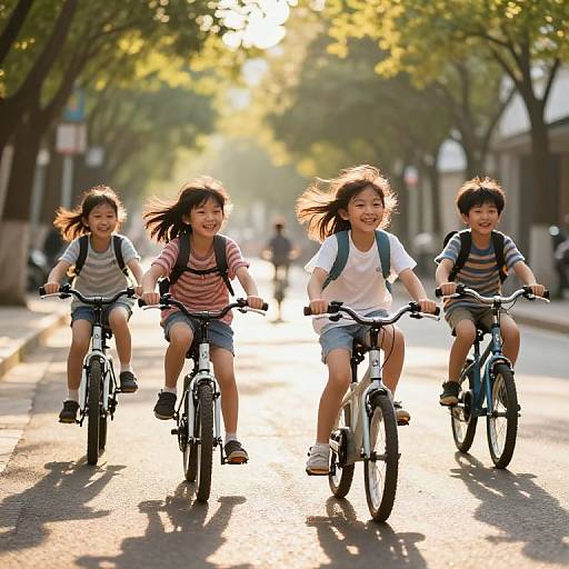 Joyful Kids Biking in Sunlit Street
